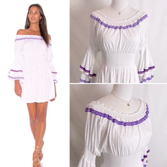 Revolve pitusa white purple embroidery ruffle sleeve cover up dress fits sz 0-6 - Picture 12 of 12